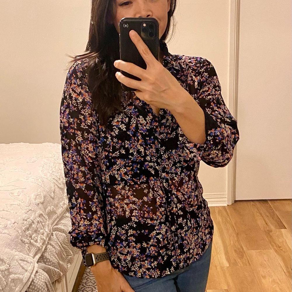 Express sz S floral print roll sleeve button down women’s top Portofino shirt